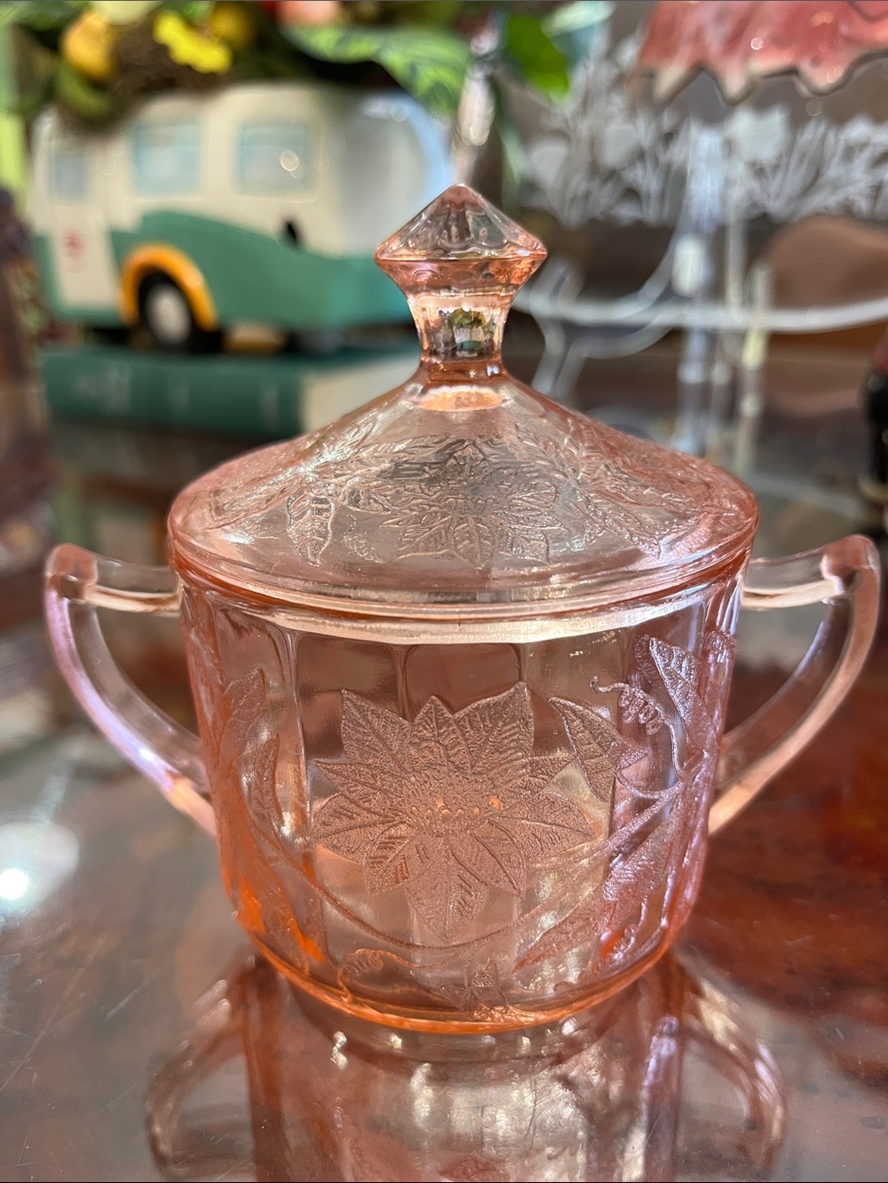 Vintage Jeannette Glass pink depression glass covered sugar bowl.